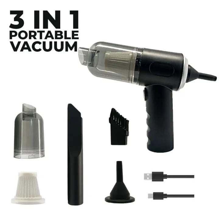 3-in-1 Portable Wireless Vacuum Cleaner – High Power Suction, Air Pump & Duster for Home, Car & Laptop