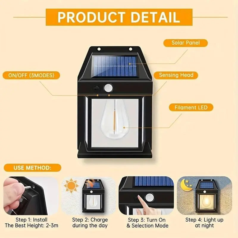 Solar Tungsten Filament Wall Lamp – Outdoor Waterproof Intelligent Induction Light for Garden & Villa
