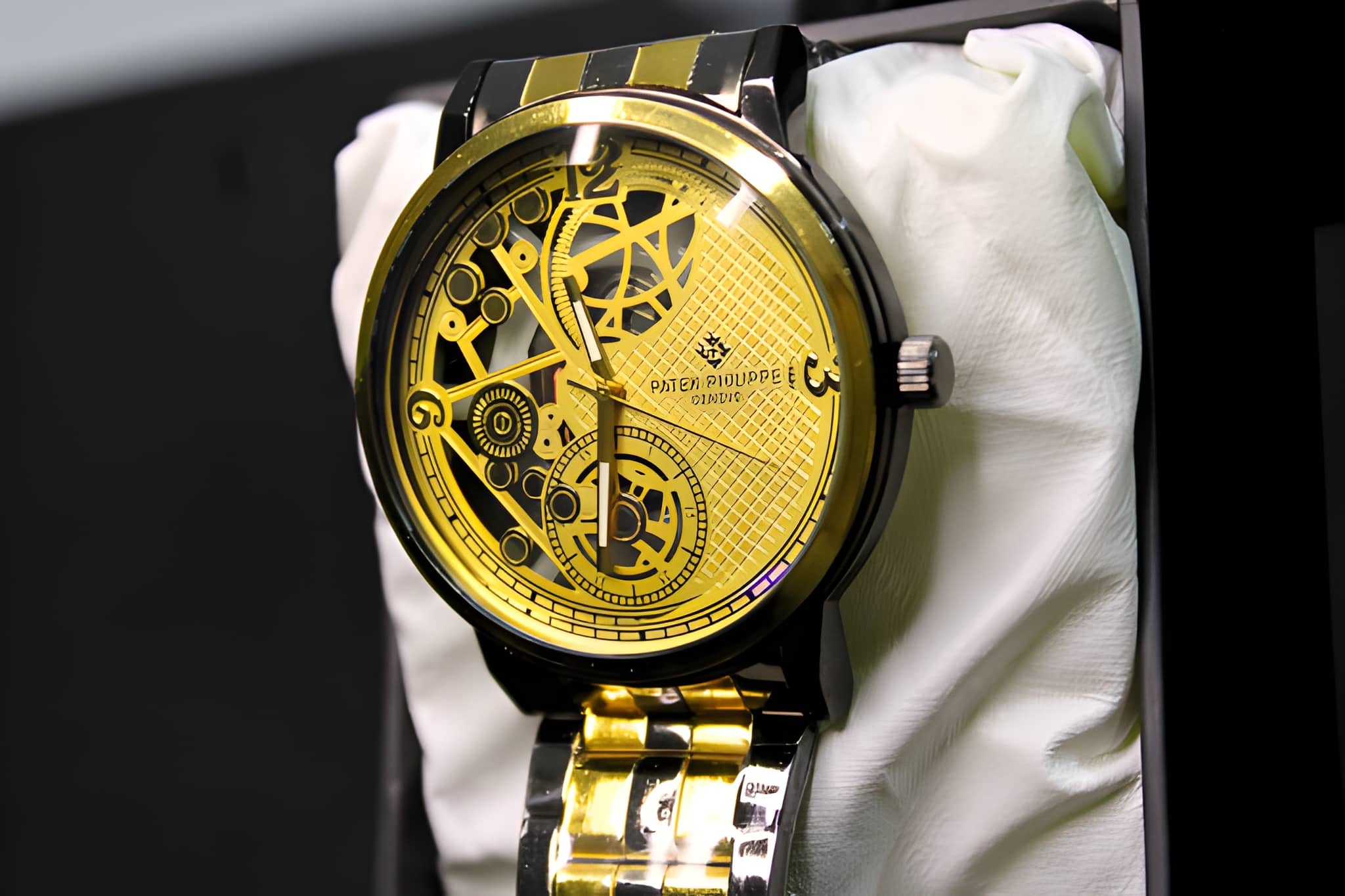 Premium Gold Skeleton Mechanical Style Watch for Men – Stainless Steel Strap, Luxury Open Dial Design